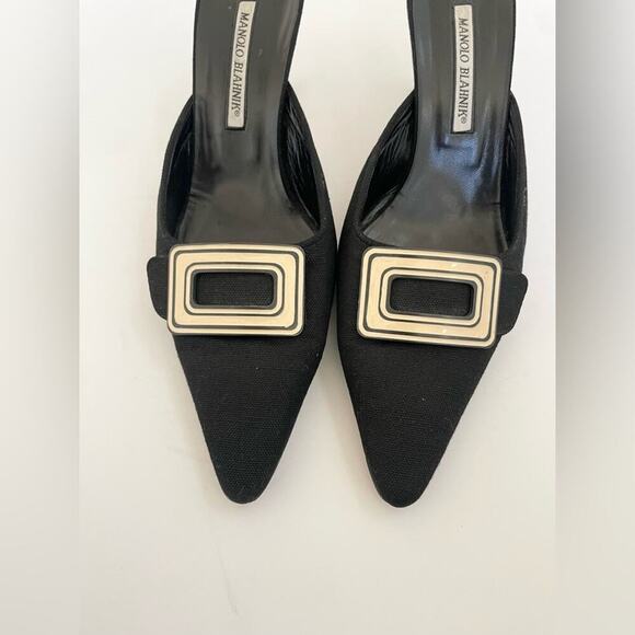 Manolo Blahnik Vintage Black Canvas White buckle pointed toe mules EU 41.5 - Picture 3 of 9